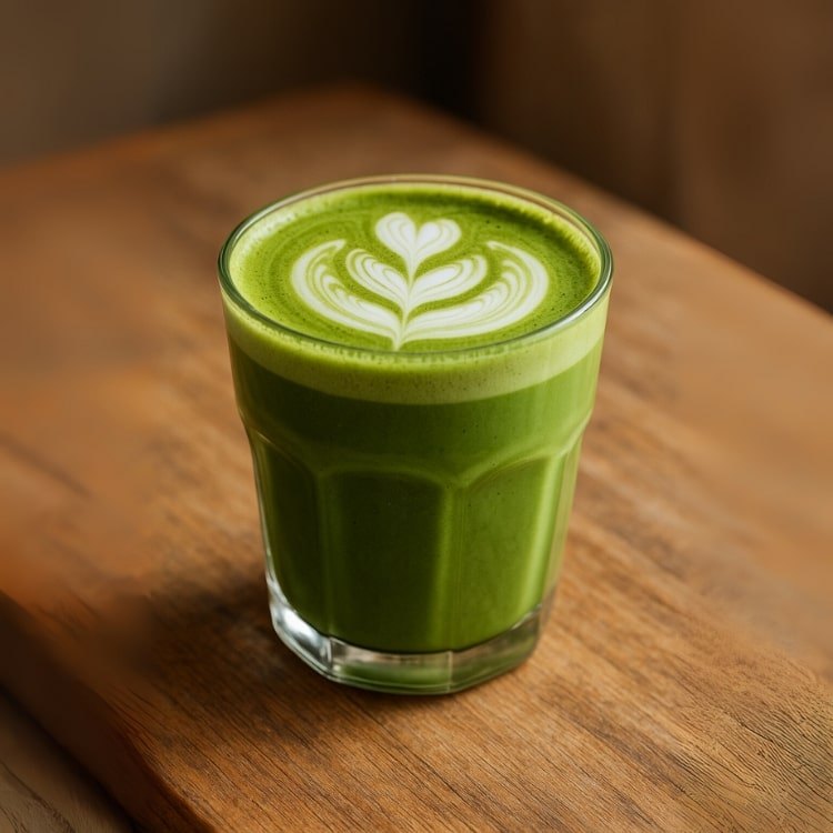 Matcha latte dans un verre, mousse de lait en forme de cœur