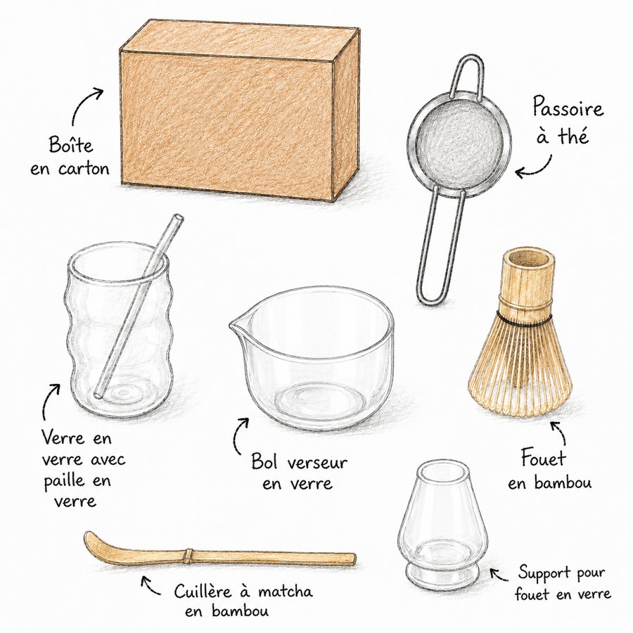 Kit à matcha : bol verseur, fouet en bambou et son support, passoire, cuillère en bambou, verre avec paille